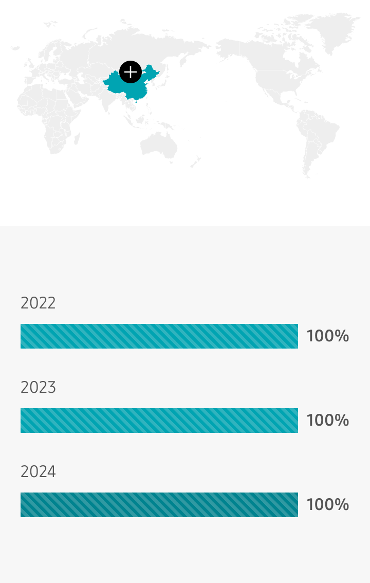 China 2022 100%, 2023 100%, 2024 100%